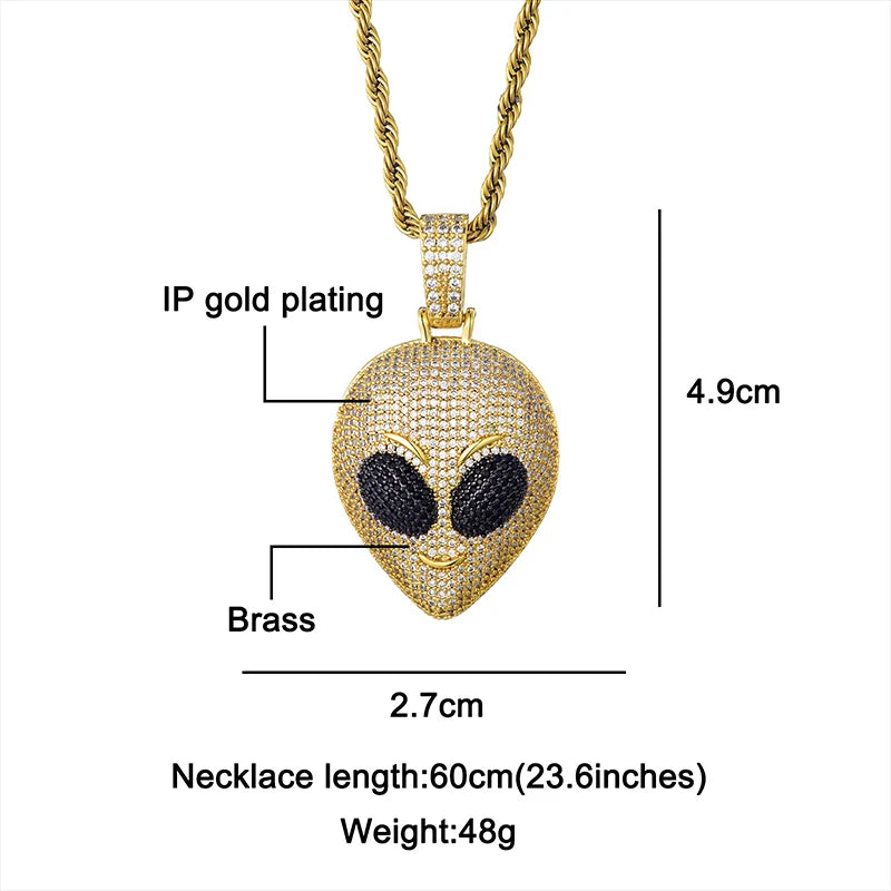 Colgante Alien Head - Collar Hip Hop en Oro y Circón