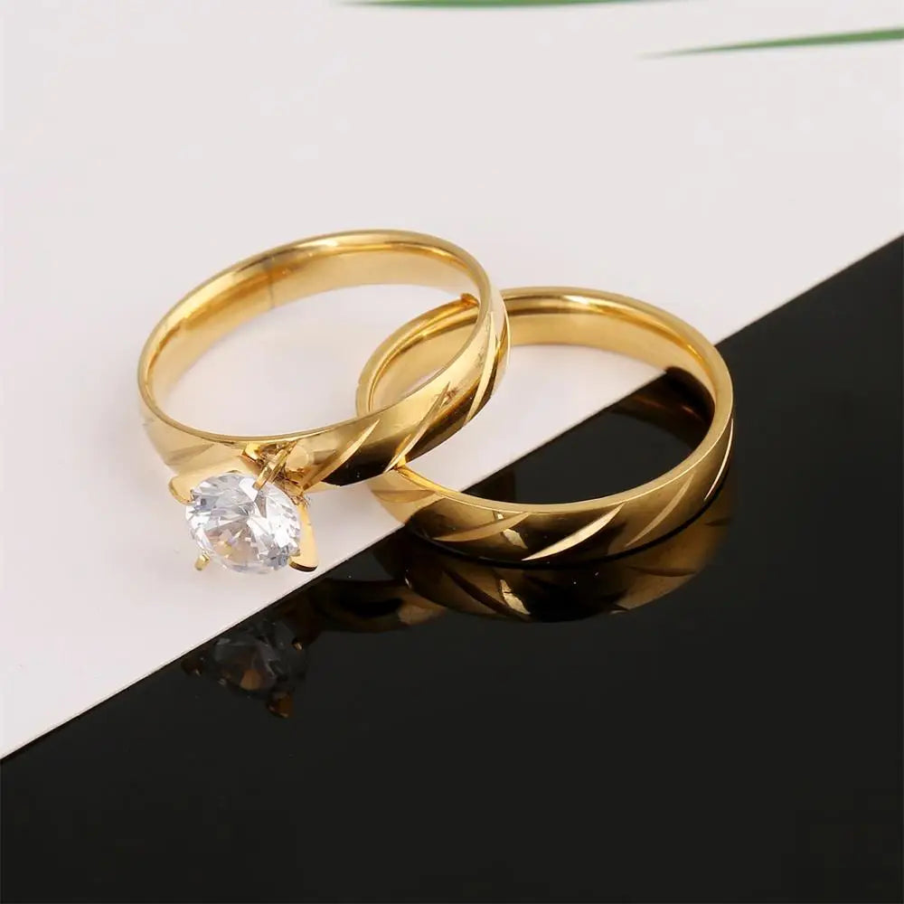 Conjunto Anillos Boda Acero Inoxidable Mujer Oro | Compromiso Lujo
