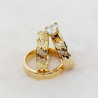 Conjunto 3 Anillos Boda Martillados Oro 24K Pareja | Compromiso Diamantes CZ