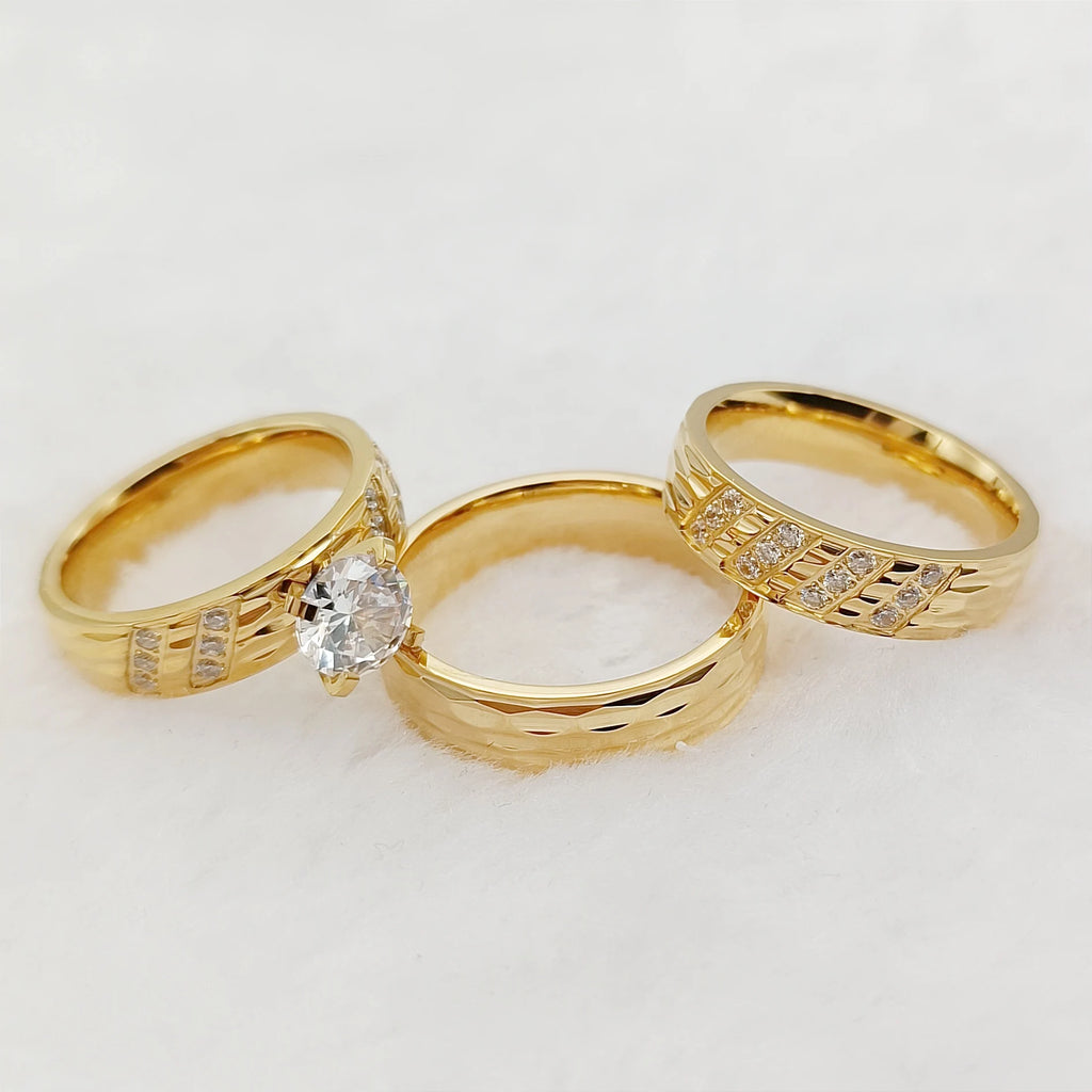 Conjunto 3 Anillos Boda Martillados Oro 24K Pareja | Compromiso Diamantes CZ