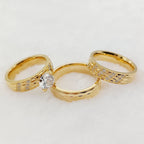 Conjunto 3 Anillos Boda Martillados Oro 24K Pareja | Compromiso Diamantes CZ