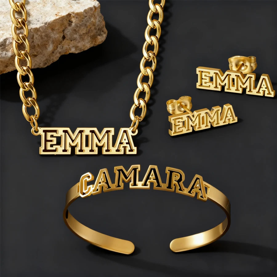 Conjunto Joyería NK Personalizado Nombre Acero Inoxidable | Collar Pulsera Pendientes