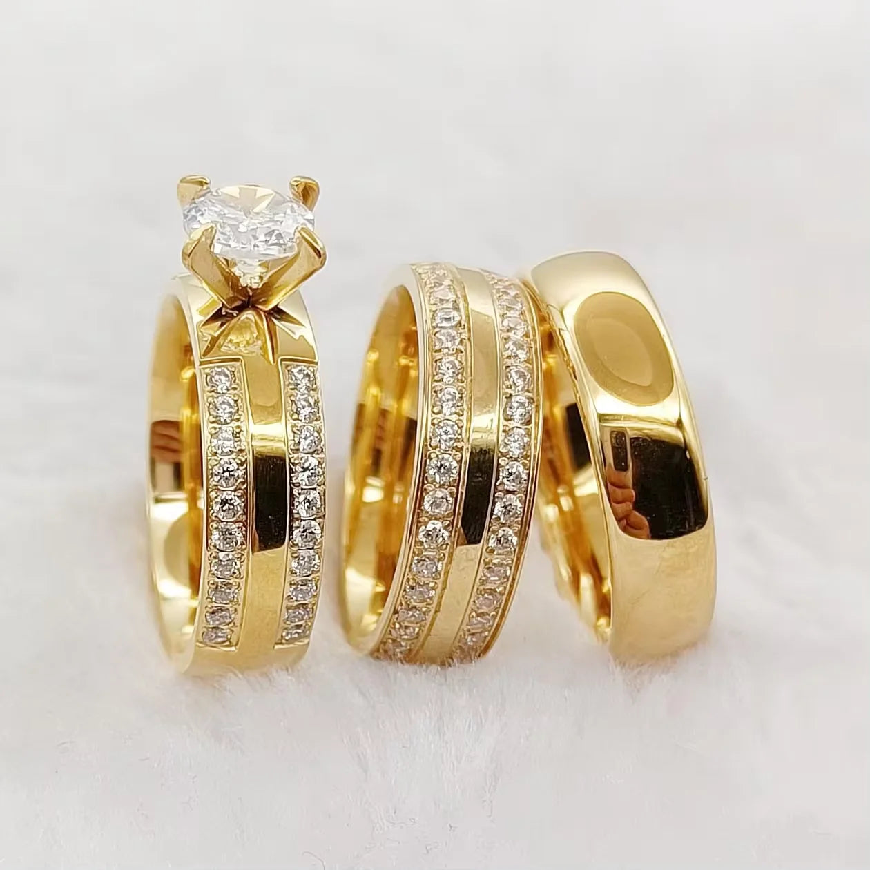 Conjunto 3 Anillos Boda Martillados Oro 24K Pareja | Compromiso Diamantes CZ
