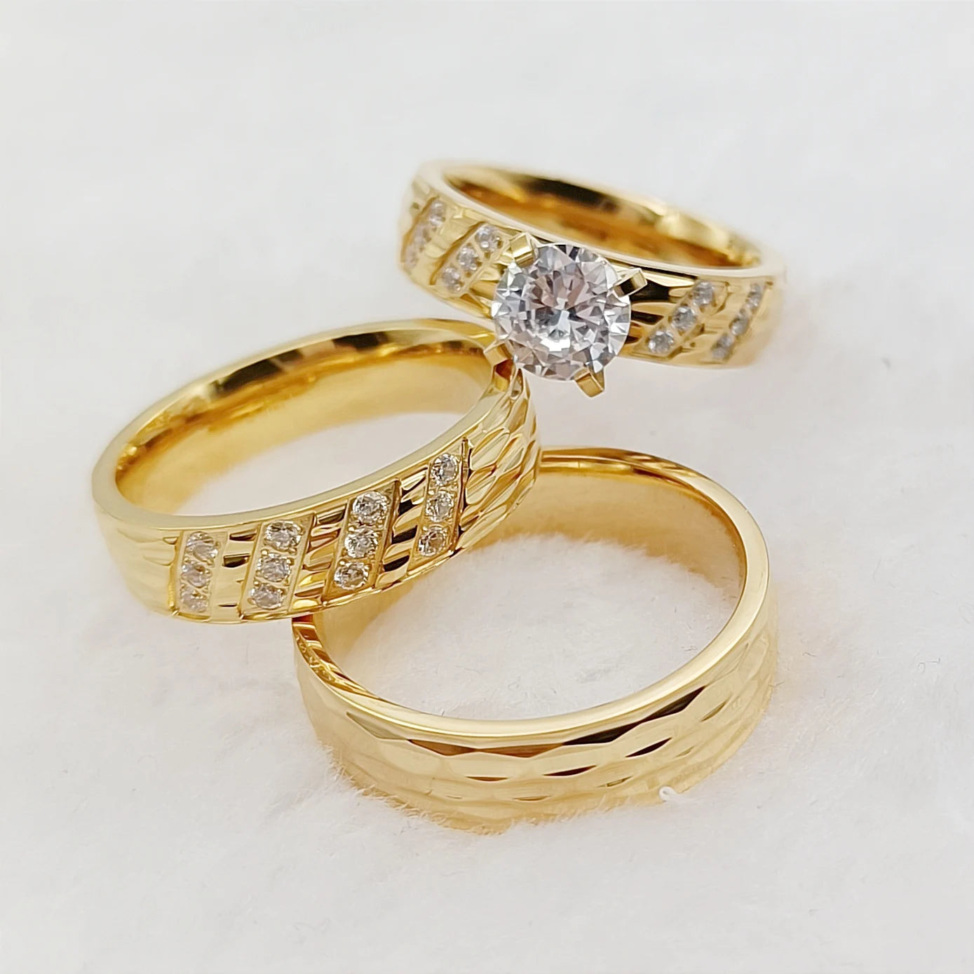 Conjunto 3 Anillos Boda Martillados Oro 24K Pareja | Compromiso Diamantes CZ